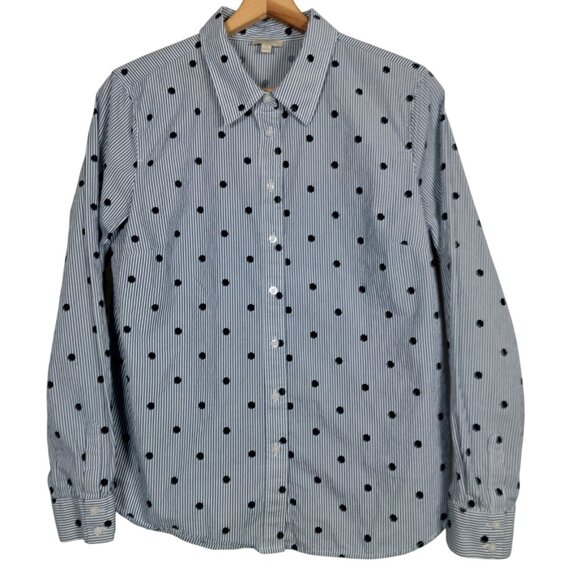 Talbots Blouse Women Medium Blue White Striped Polka Dot Long Sleeve Button Up - Picture 1 of 9